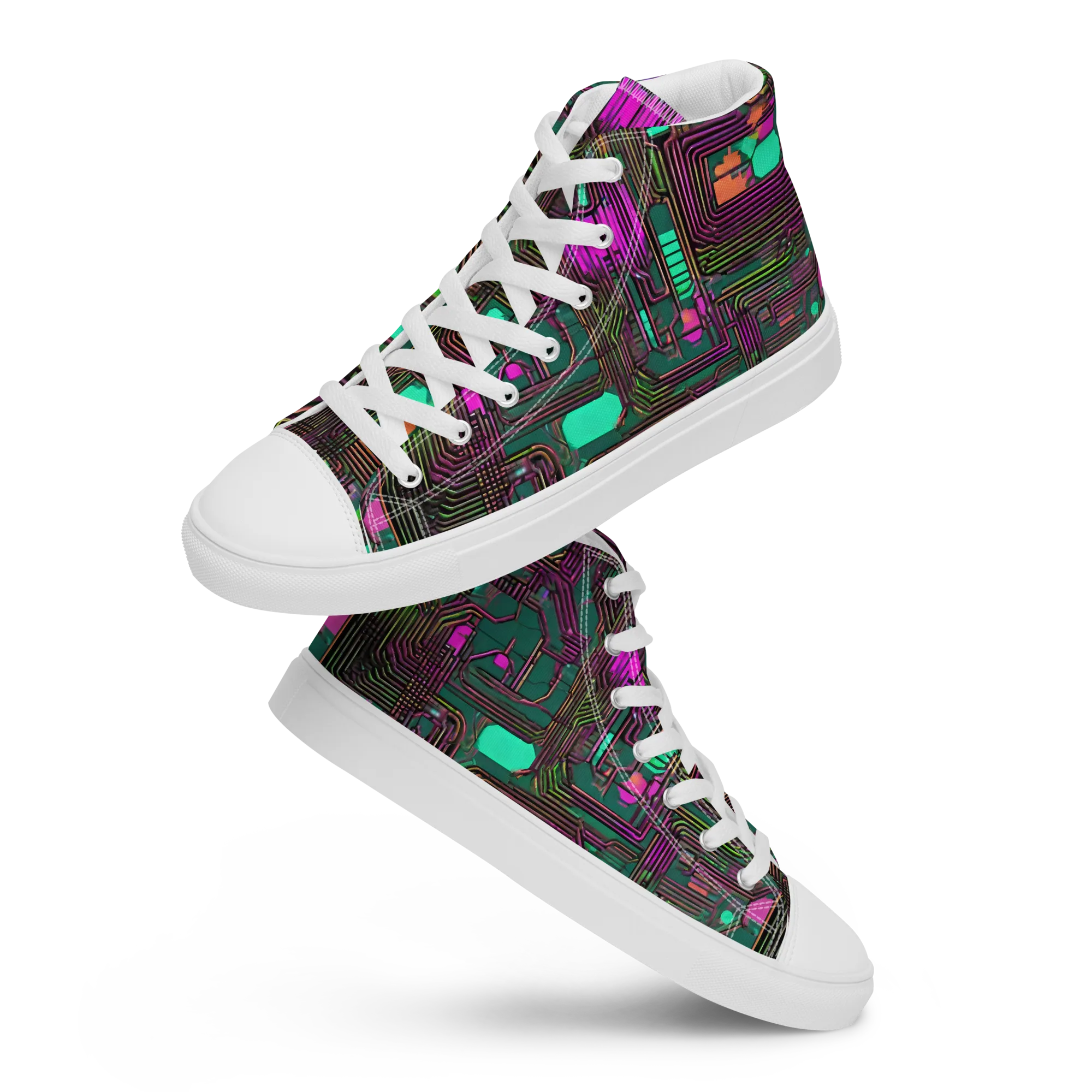 Neon Circuit on Women's High Top Canvas Shoes — Front