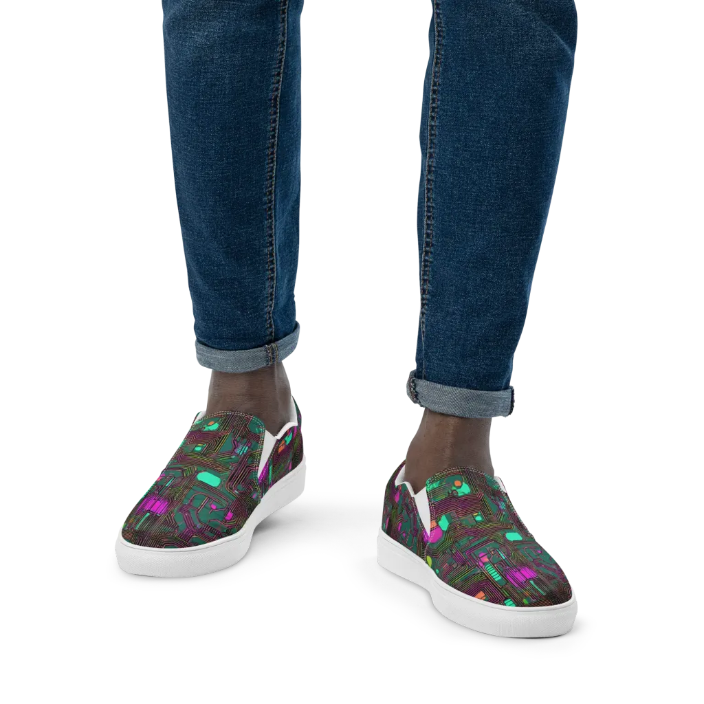 Neon Circuit on Men's Slip-On Canvas Shoes — Front