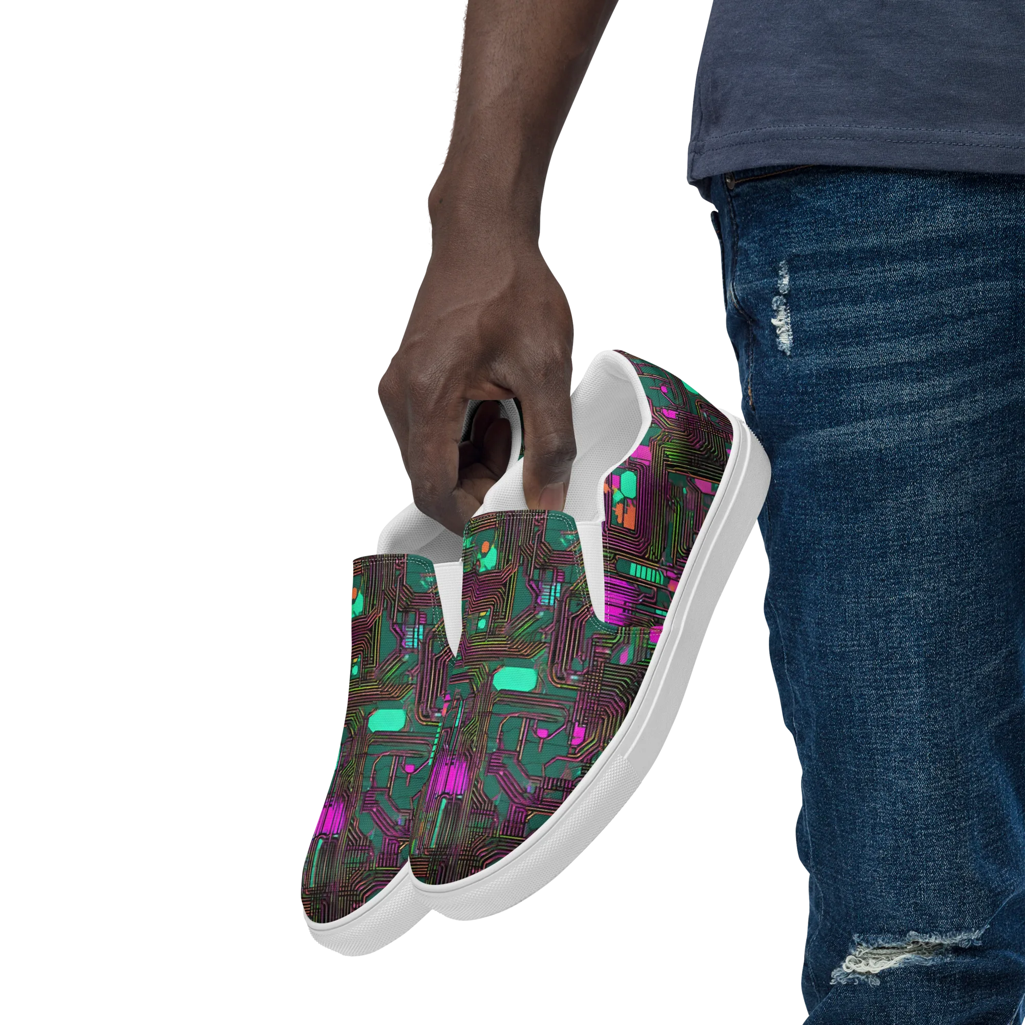 Neon Circuit on Men's Slip-On Canvas Shoes — Left Front