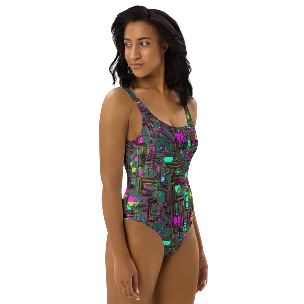 Neon Circuit on One-Piece Swimsuit — Right