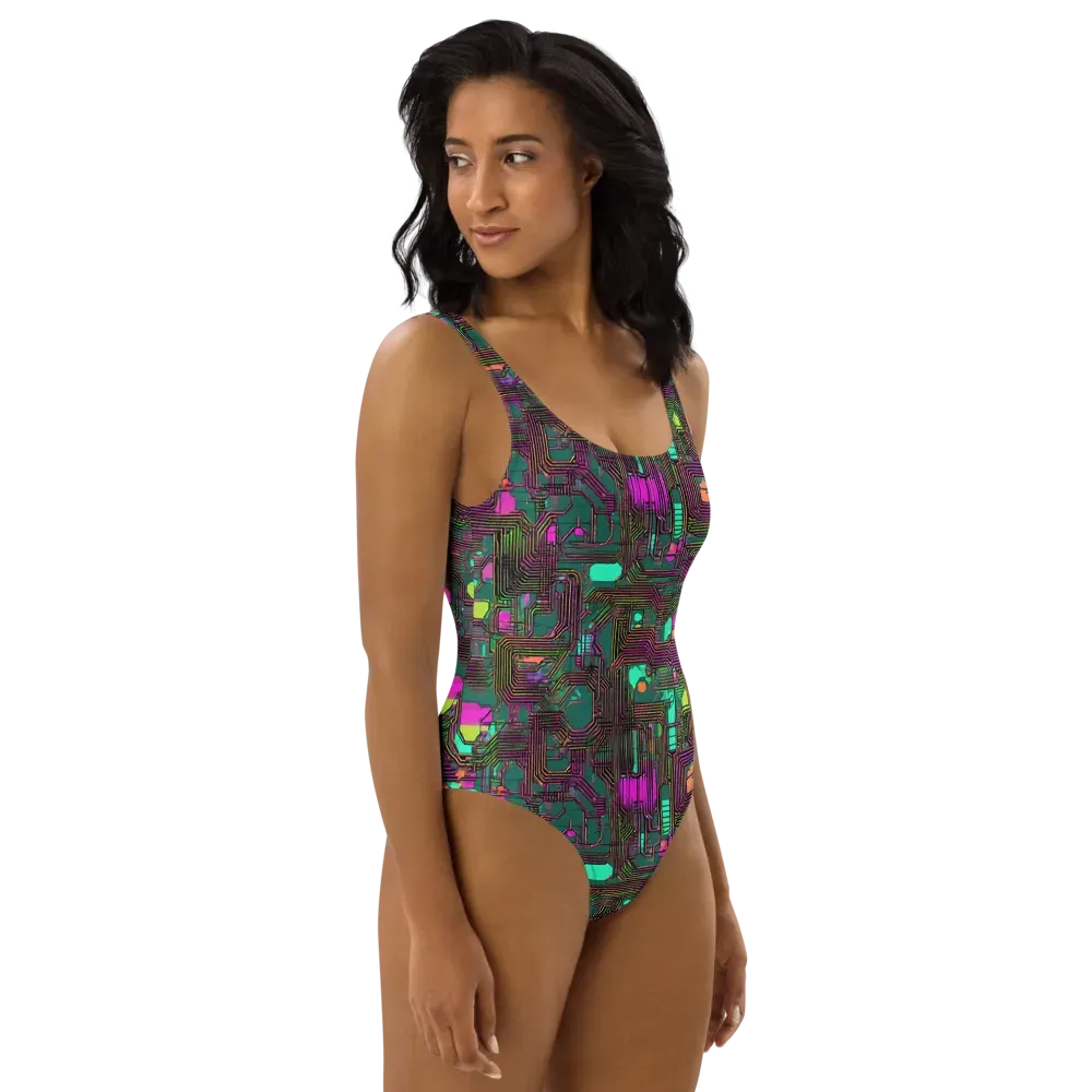 Neon Circuit on One-Piece Swimsuit — Right