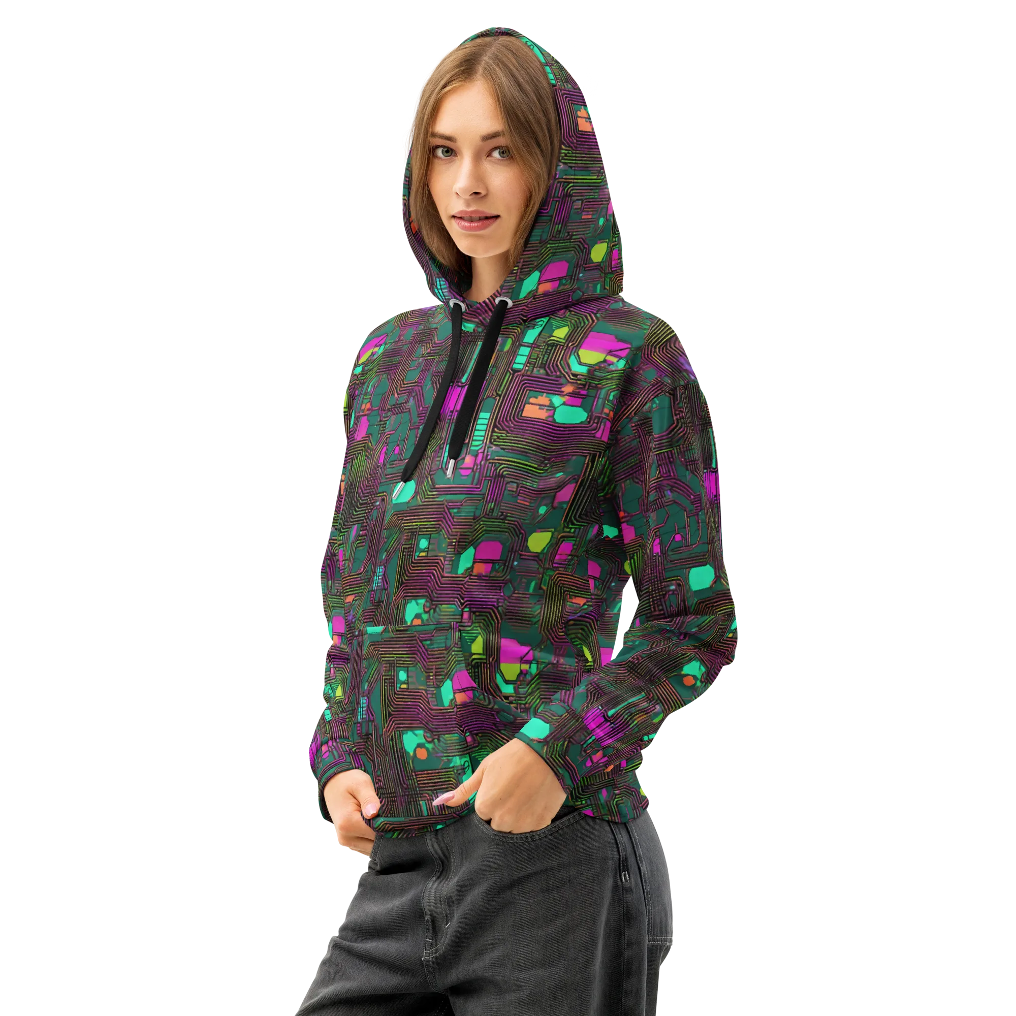 Neon Circuit on Cotton Hoodie — Left Front