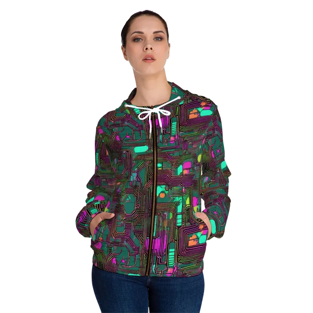 Neon Circuit on Women's Full-Zip Hoodie — Front On Person