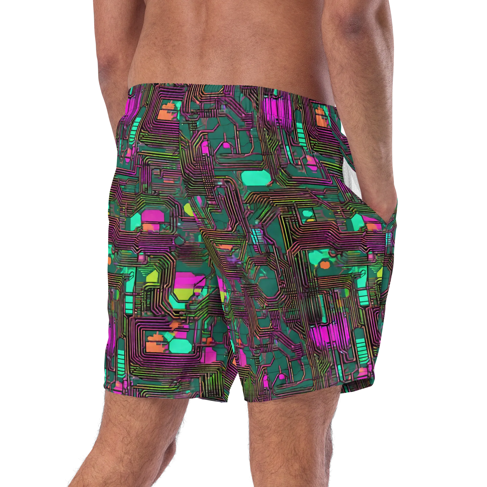 Neon Circuit on Swim Trunks — Right Back