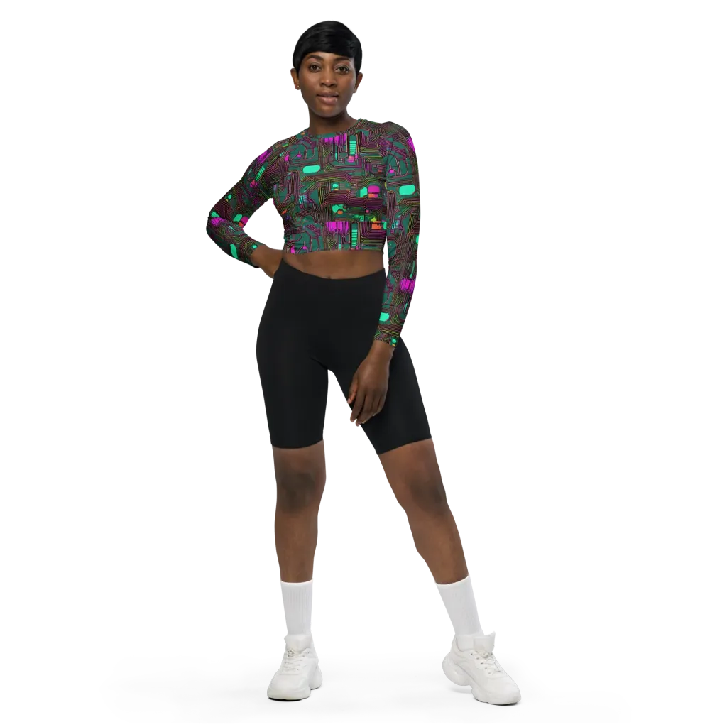 Neon Circuit on Long Sleeve Crop Top — Front
