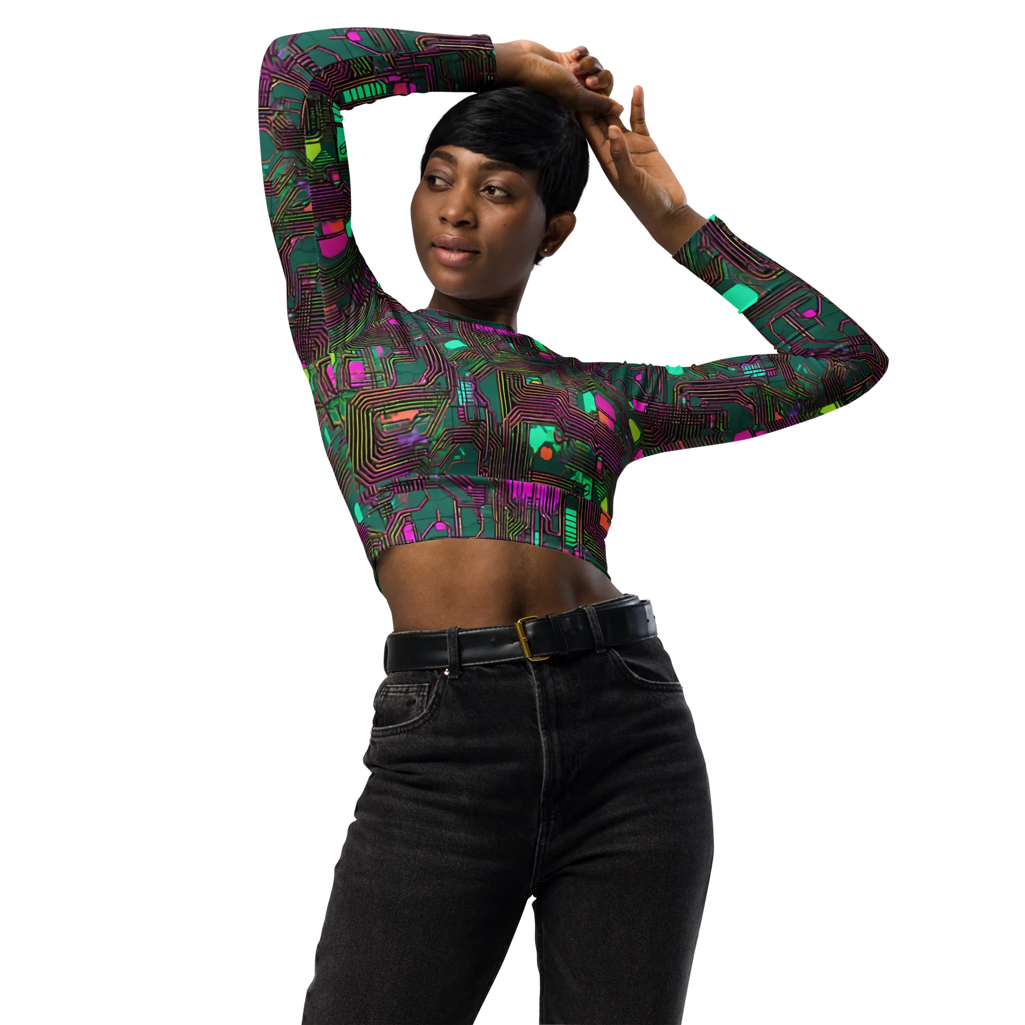 Neon Circuit on Long Sleeve Crop Top — Front