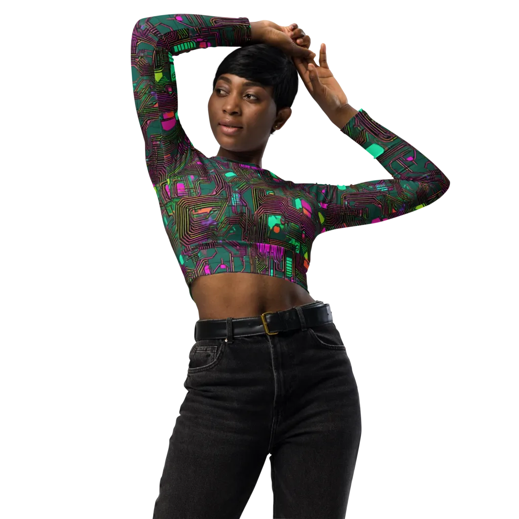 Neon Circuit on Long Sleeve Crop Top — Front