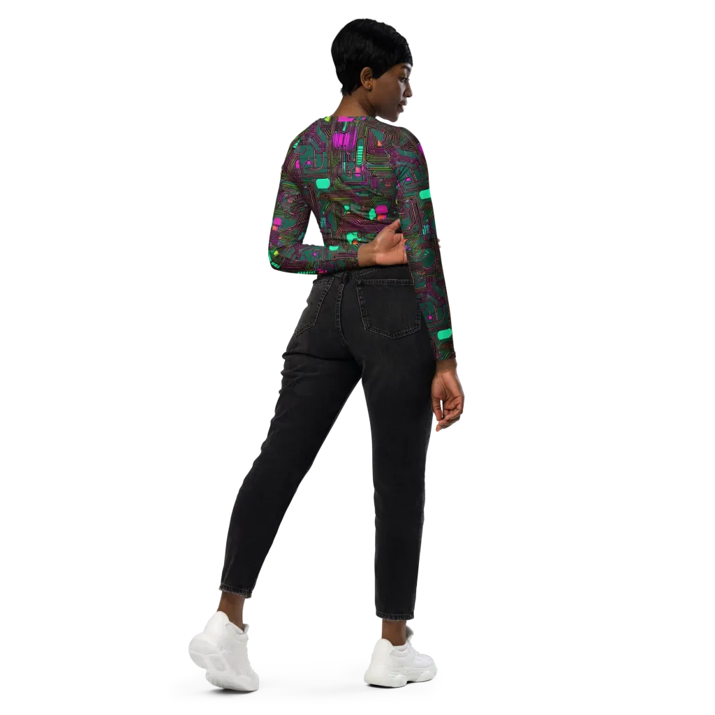 Neon Circuit on Long Sleeve Crop Top — Right Back