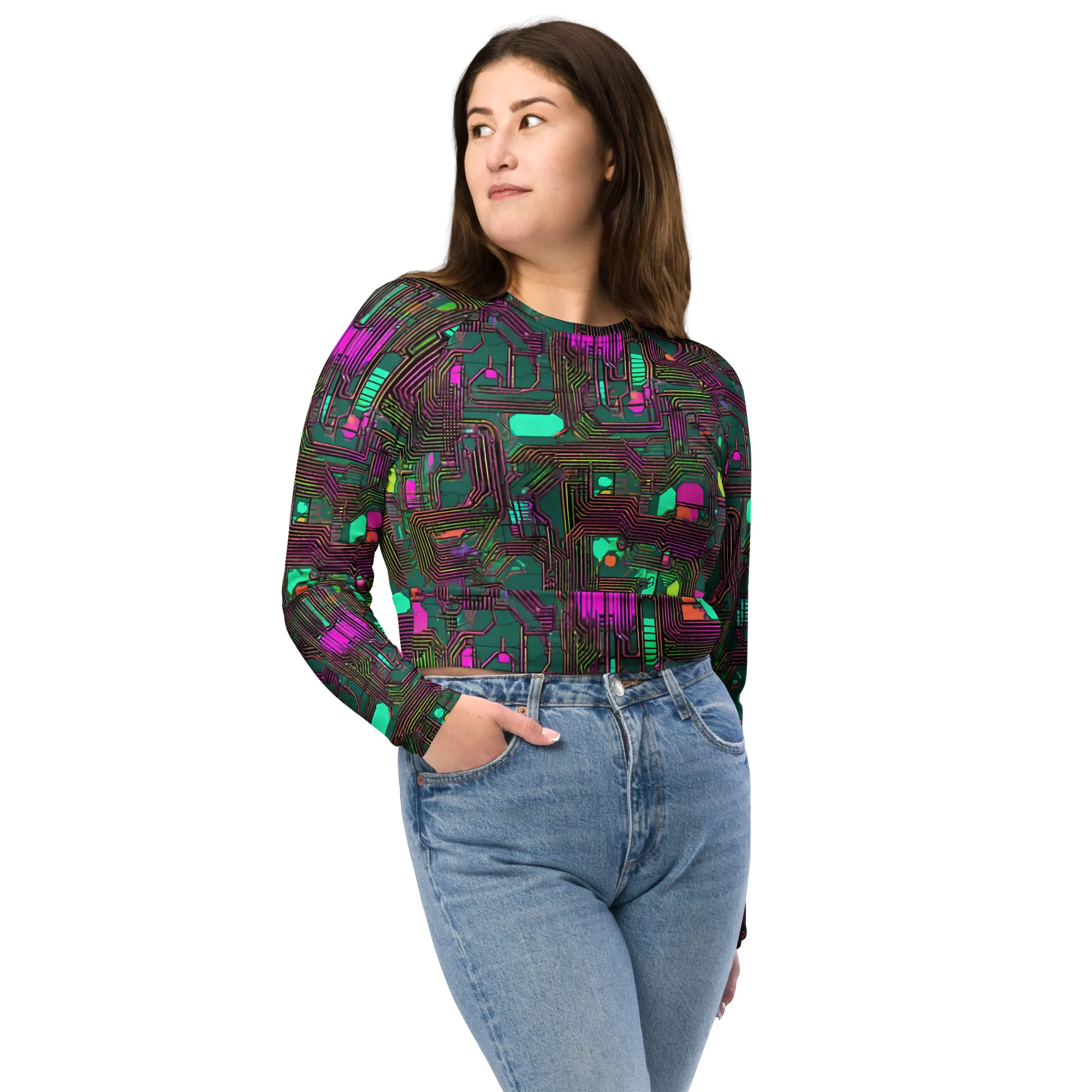 Neon Circuit on Long Sleeve Crop Top — Front