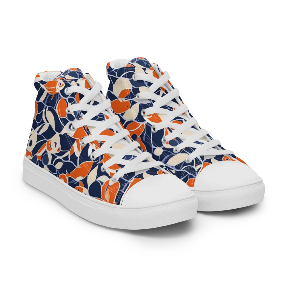 Navy Koi Garden on Men's High Top Canvas Shoes — Right Front