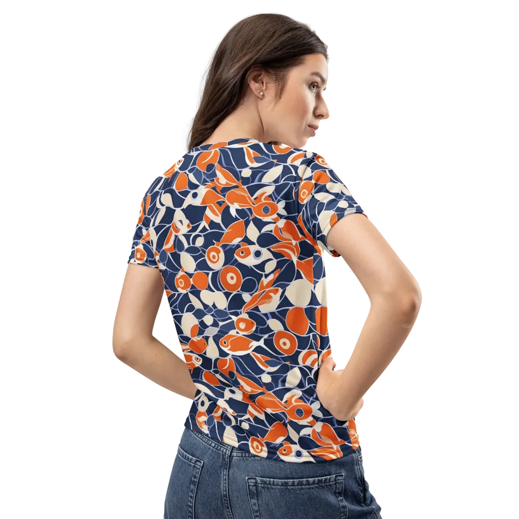 Navy Koi Garden on Women's Crew Neck T-Shirt — Back