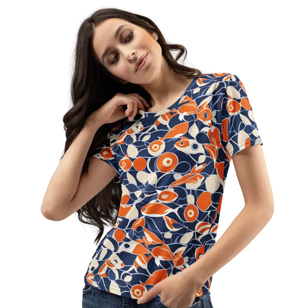 Navy Koi Garden on Women's Crew Neck T-Shirt — Left Front