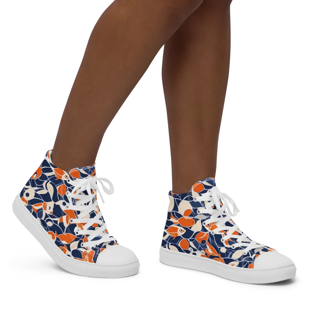 Navy Koi Garden on Women's High Top Canvas Shoes — Right