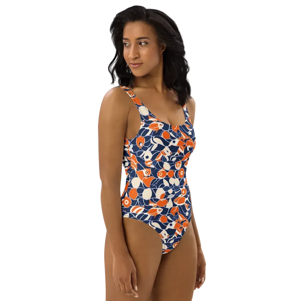 Navy Koi Garden on One-Piece Swimsuit — Right