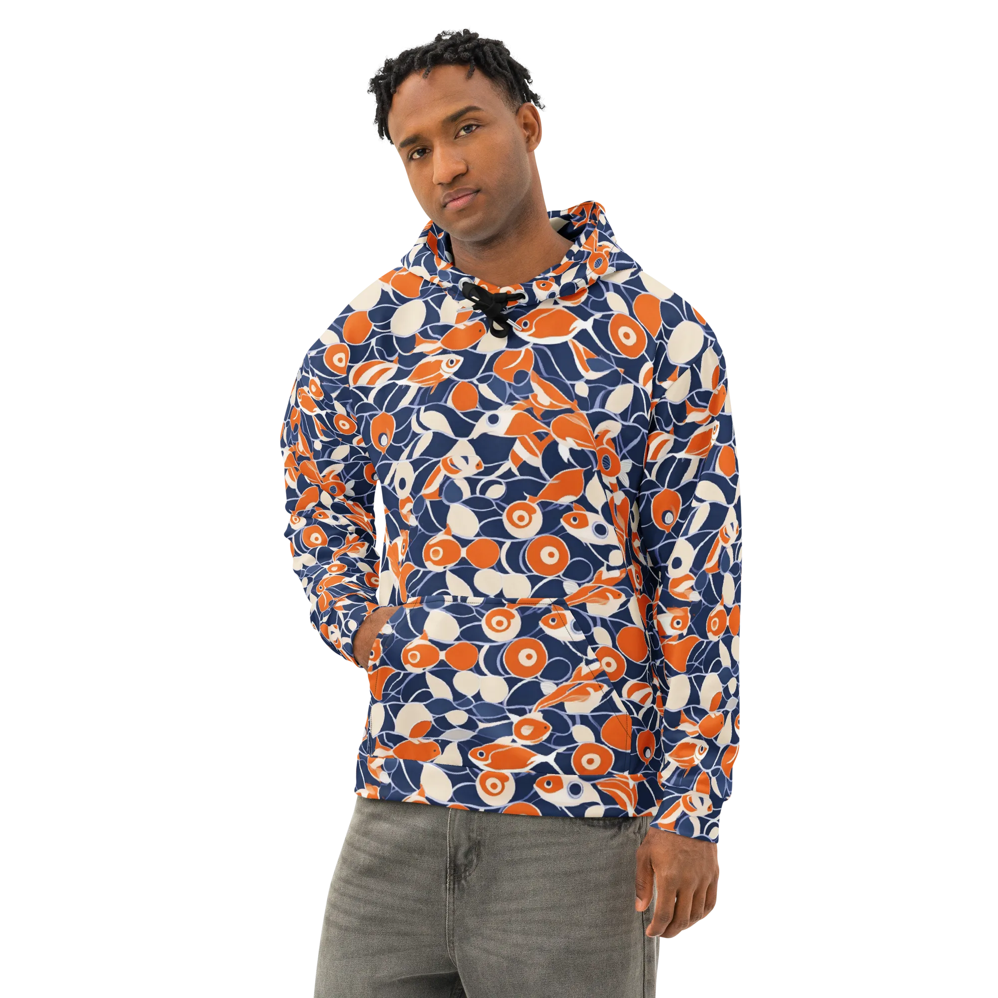 Navy Koi Garden on Cotton Hoodie — Left Front