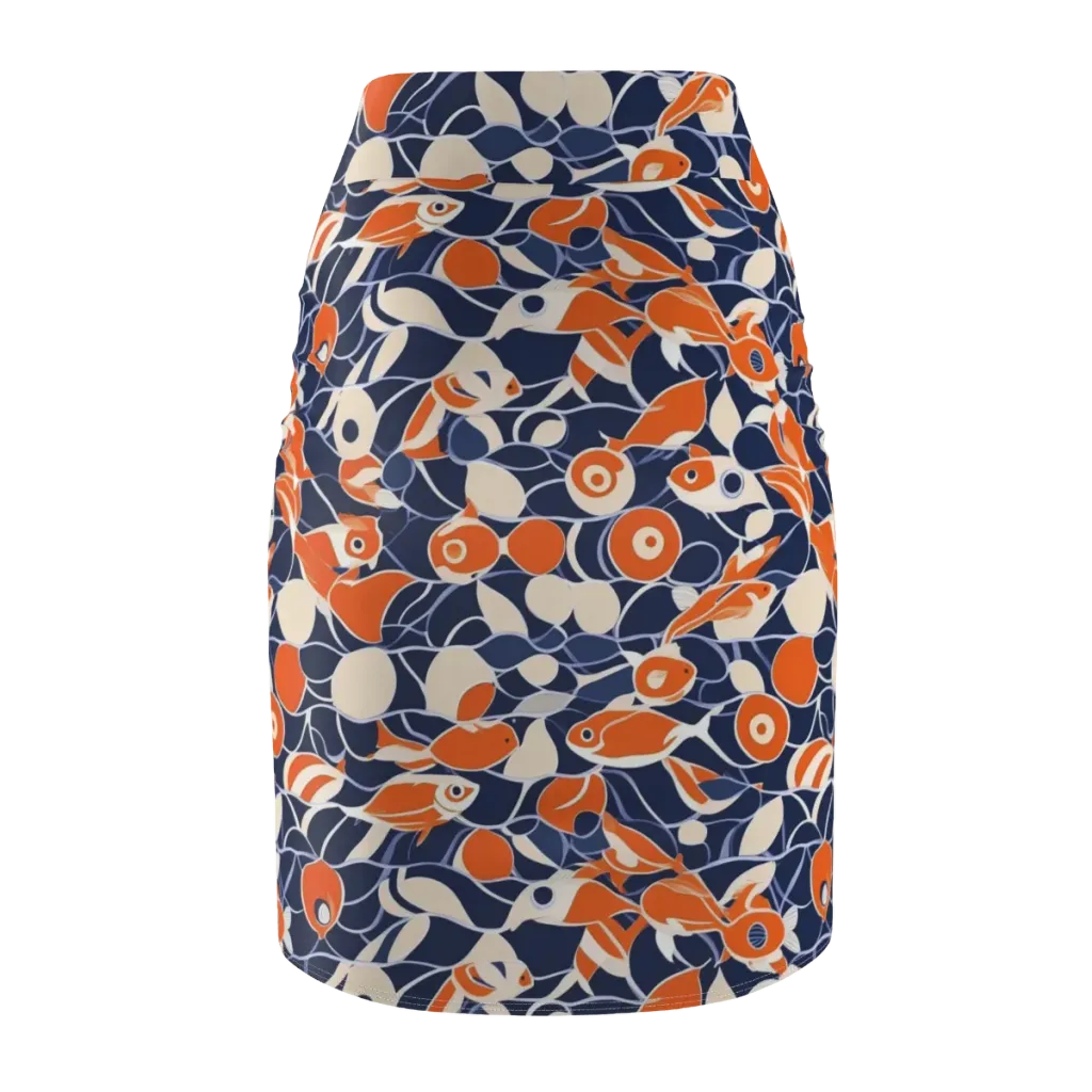 Navy Koi Garden on Pencil Skirt — Back