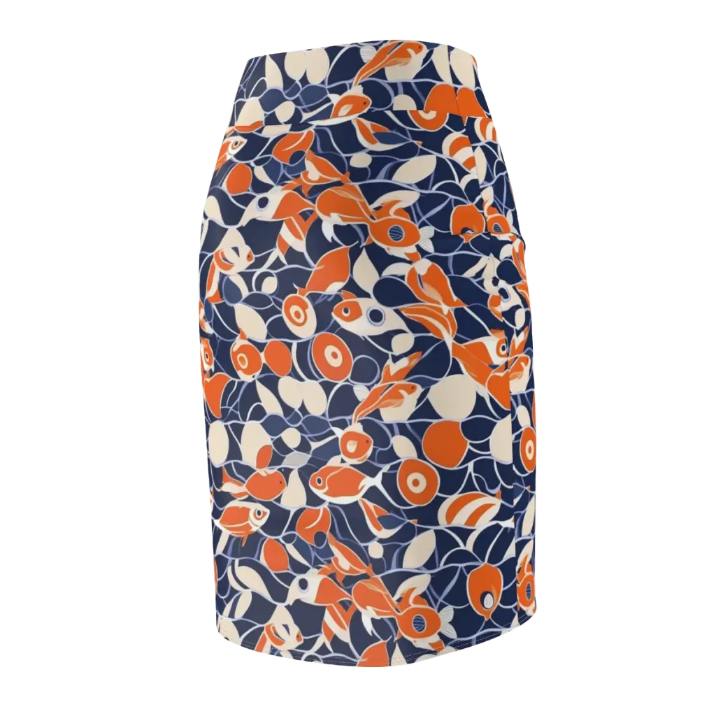 Navy Koi Garden on Pencil Skirt — Back Side