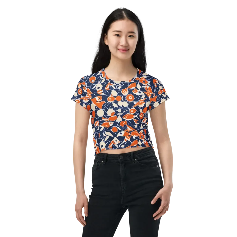 Navy Koi Garden on Crop Tee — Front