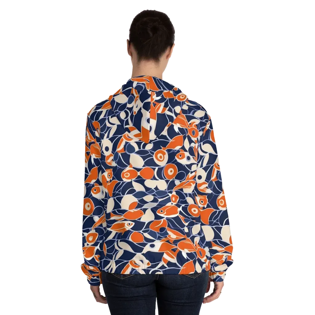 Navy Koi Garden on Women's Full-Zip Hoodie — Back On Person