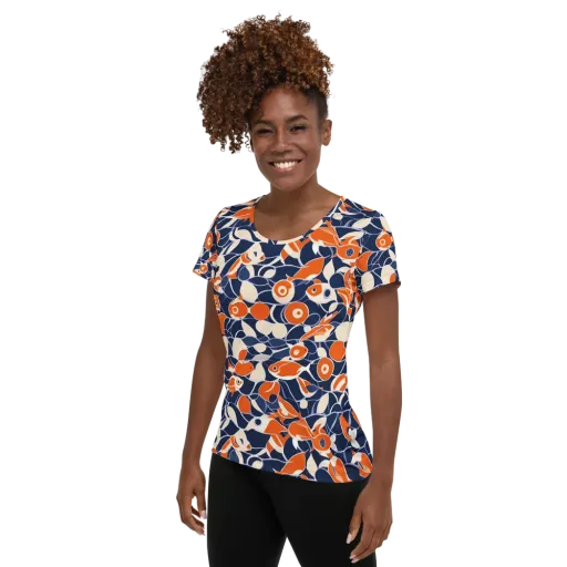 Navy Koi Garden on a Women's Athletic T-Shirt