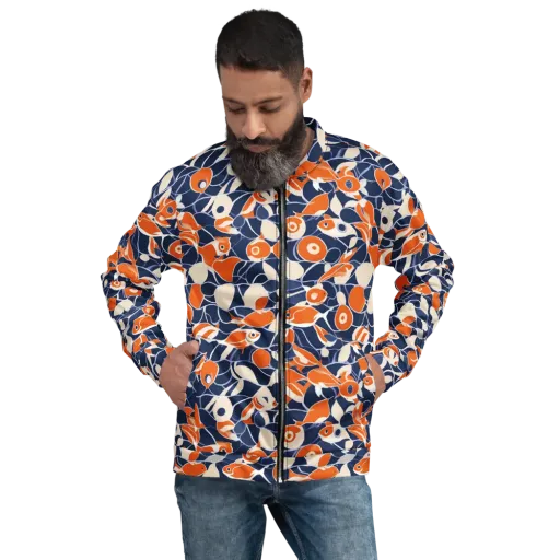 Navy Koi Garden on a Bomber Jacket