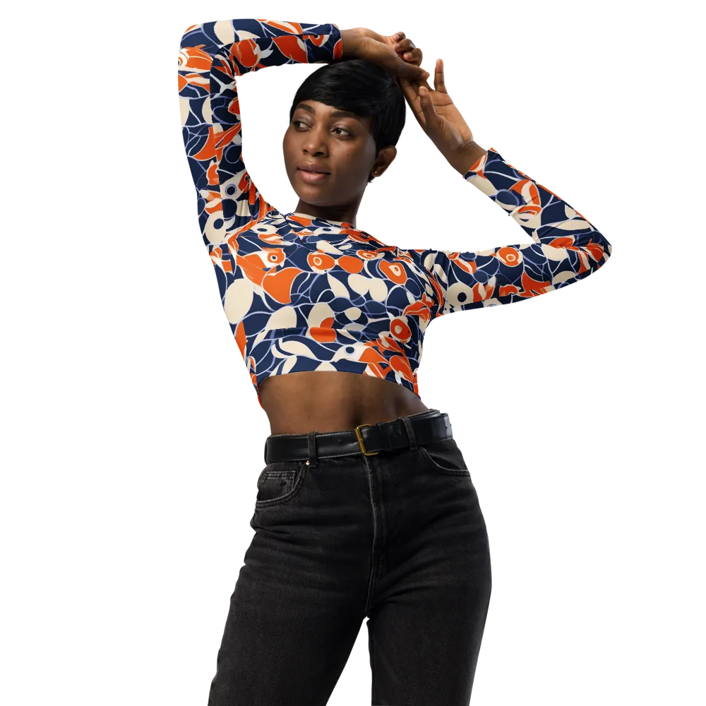 Navy Koi Garden on Long Sleeve Crop Top — Front