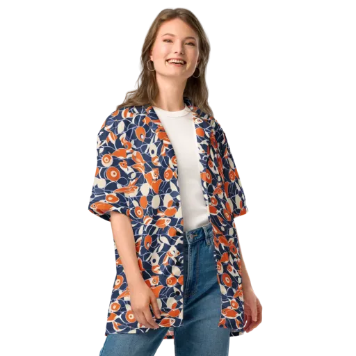 Navy Koi Garden on a Button Shirt