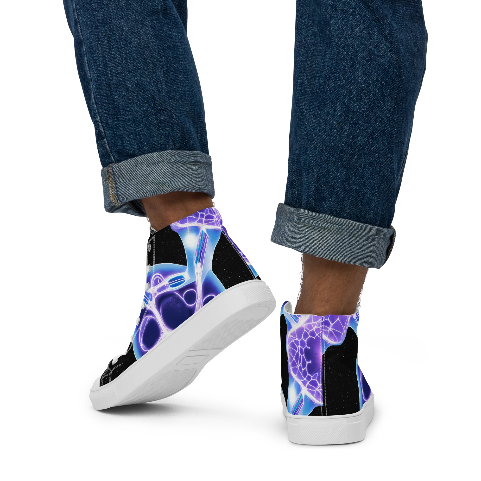 Neon Cellscape on Men's High Top Canvas Shoes — Back