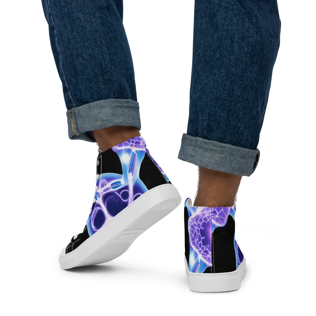 Neon Cellscape on Men's High Top Canvas Shoes — Back