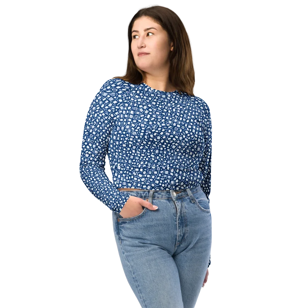 Indigo Scatter on Long Sleeve Crop Top — Front