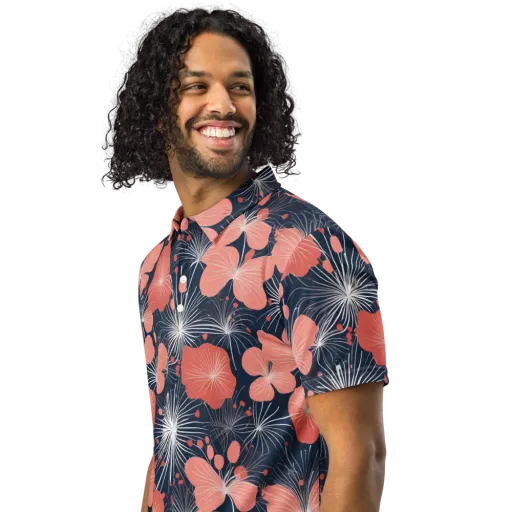 Coral Midnight Bloom on a Men's Slim Fit Polo Shirt