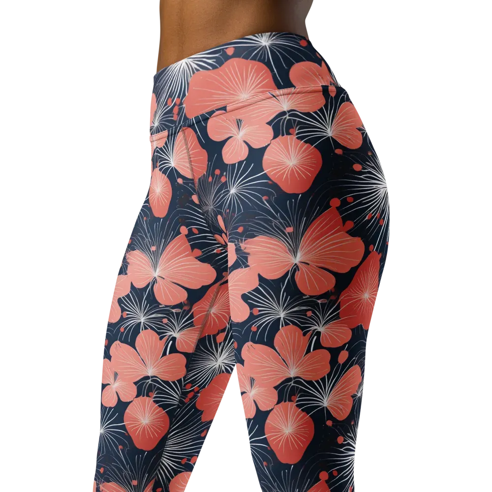 Coral Midnight Bloom on Yoga Leggings — Left Front