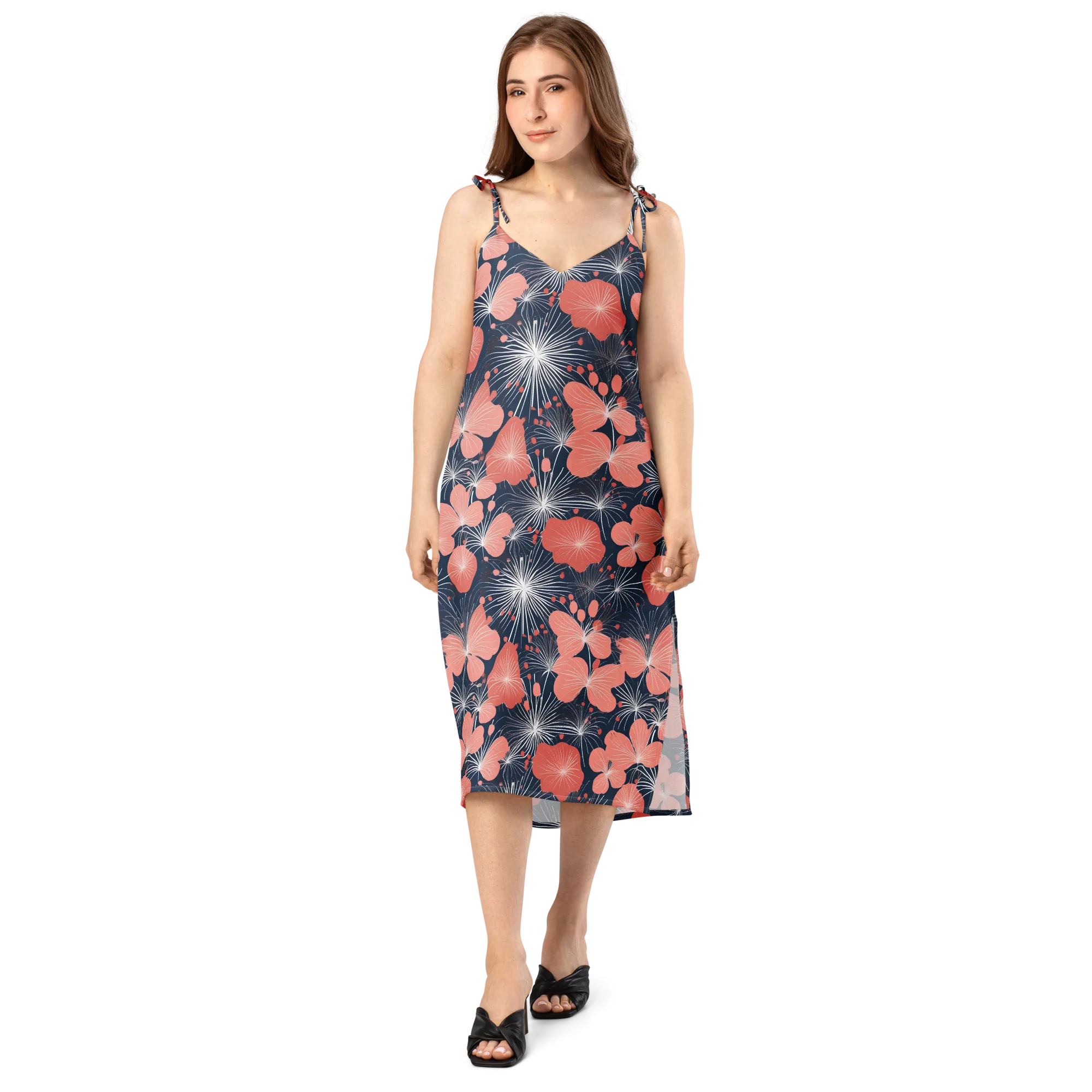Coral Midnight Bloom on Slip Dress — Front