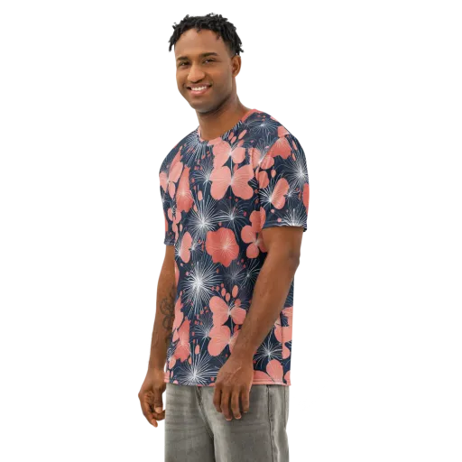 Coral Midnight Bloom on a Men's Cotton Crew Neck T-Shirt