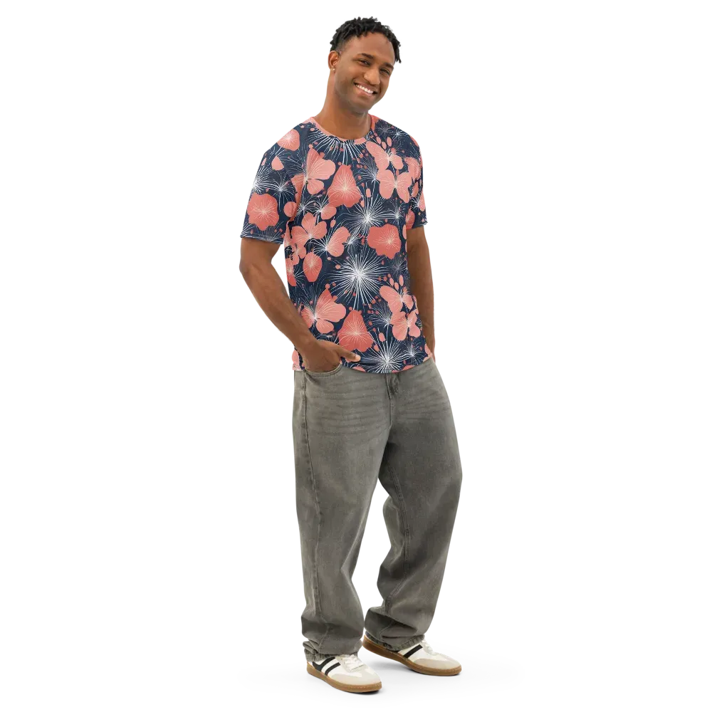 Coral Midnight Bloom on Men's Cotton Crew Neck T-Shirt — Right Front