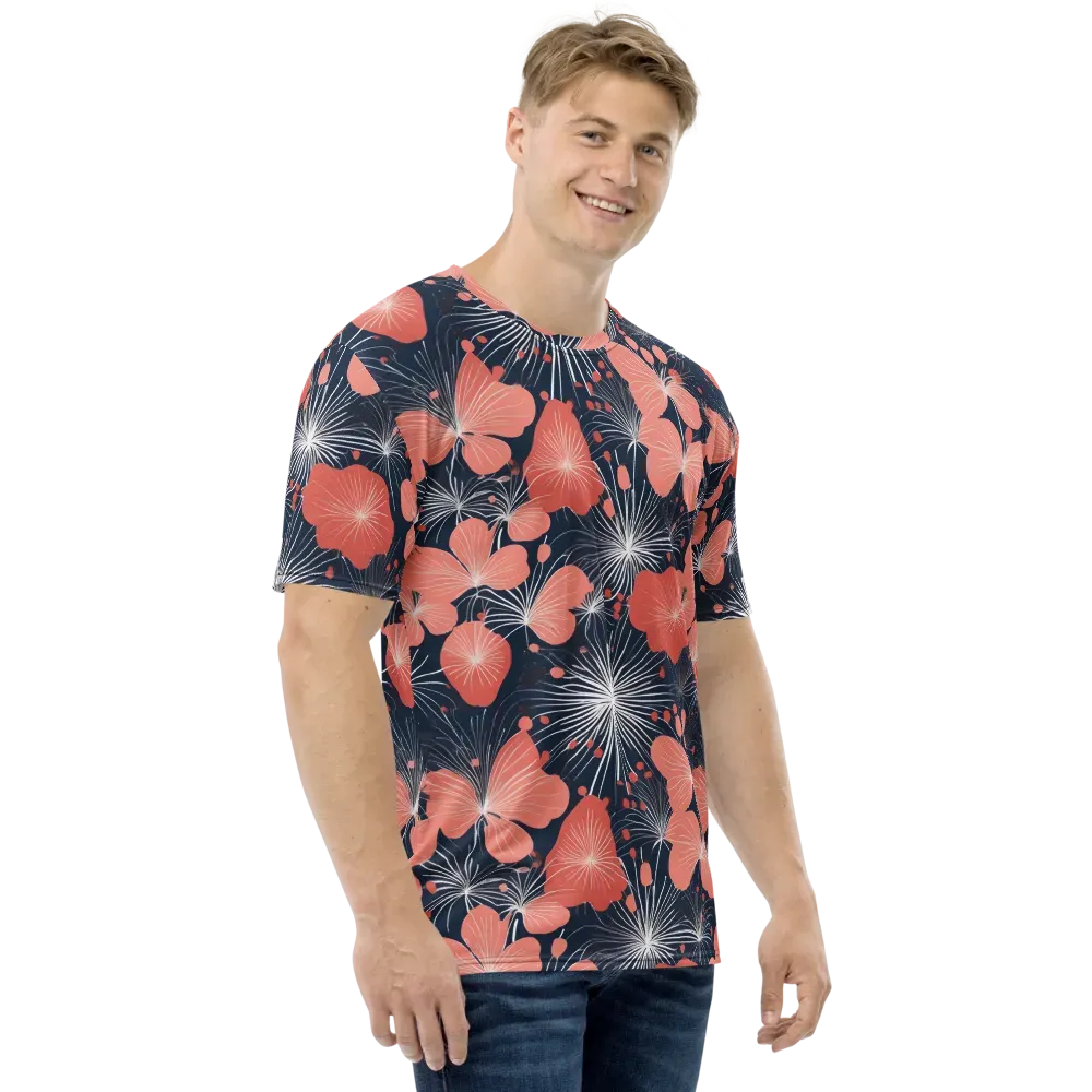 Coral Midnight Bloom on Men's Crew Neck T-Shirt — Right