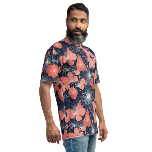 Coral Midnight Bloom on a Men's Crew Neck T-Shirt