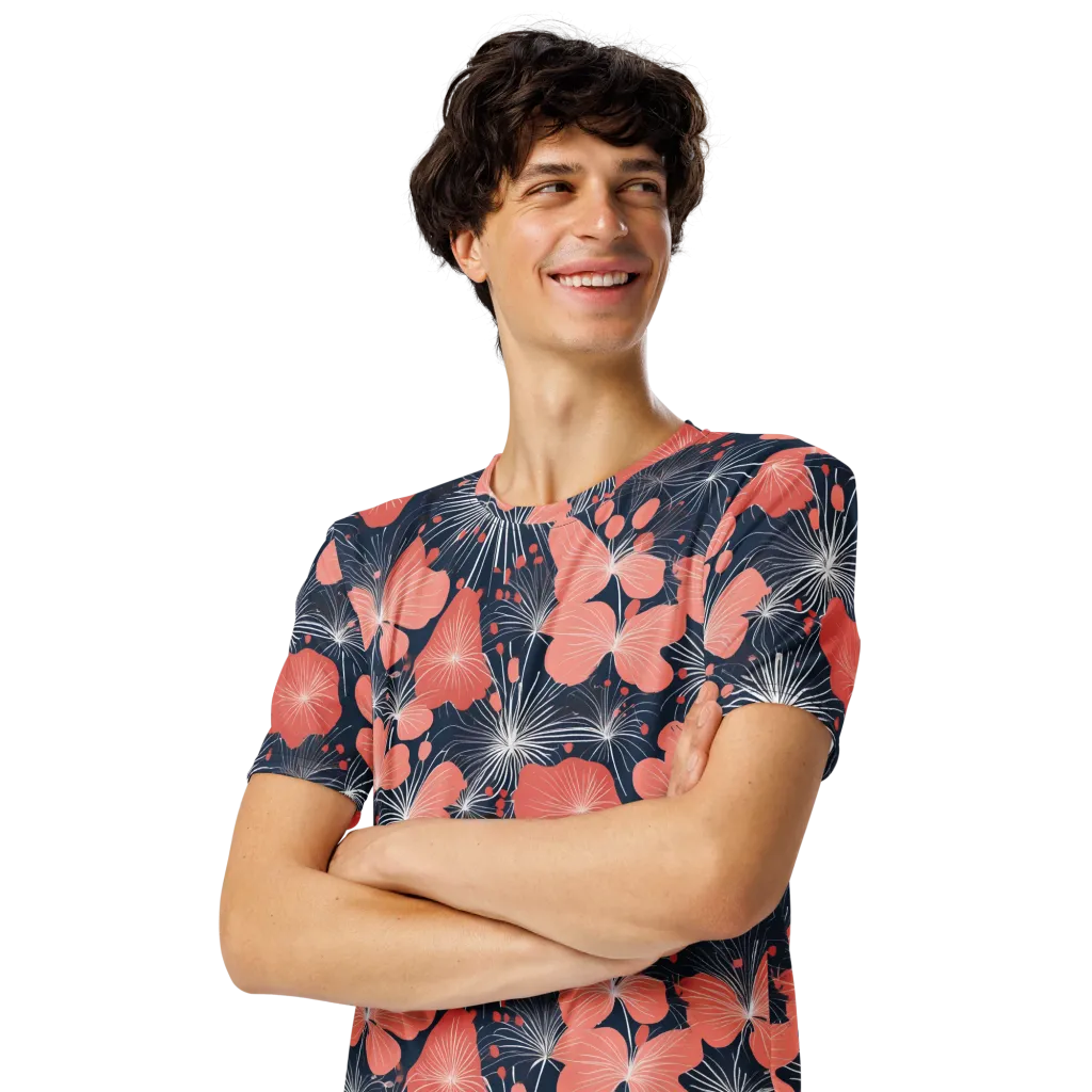 Coral Midnight Bloom on Men's Crew Neck T-Shirt — Left Front