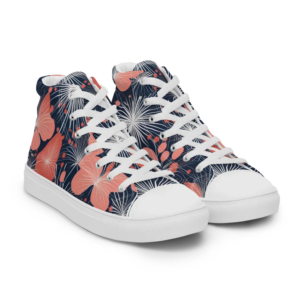 Coral Midnight Bloom on Men's High Top Canvas Shoes — Right Front