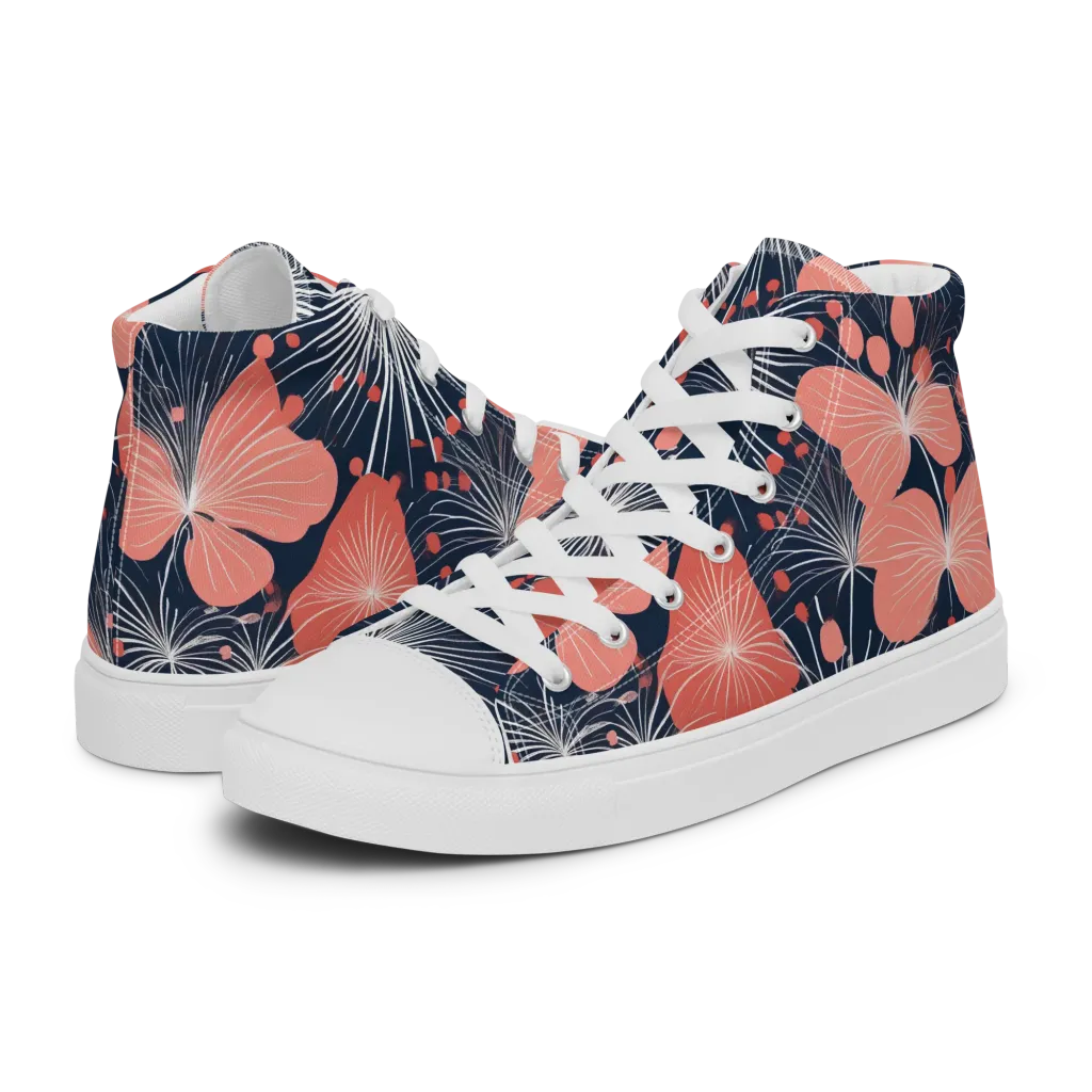 Coral Midnight Bloom on Men's High Top Canvas Shoes — Left