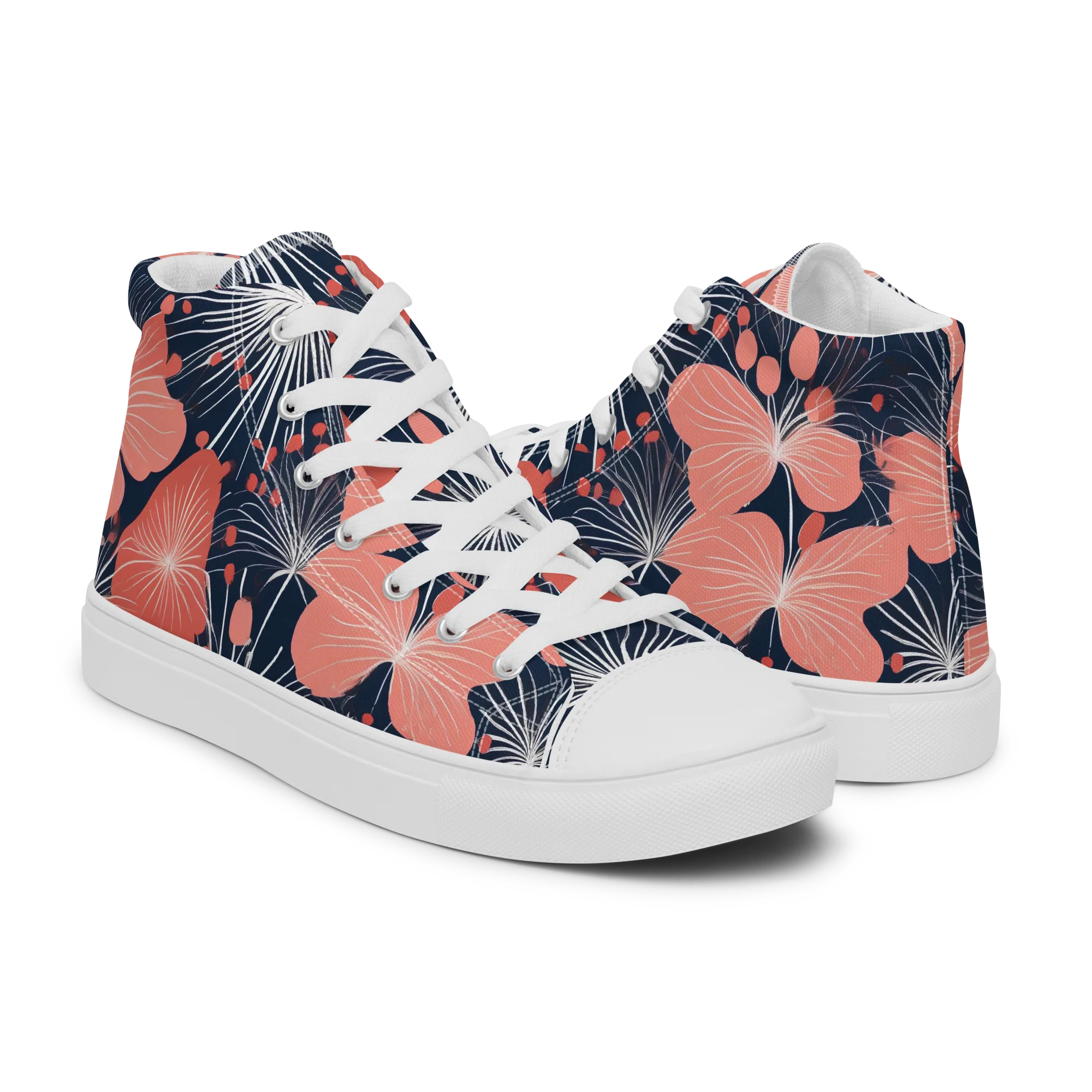 Coral Midnight Bloom on Men's High Top Canvas Shoes — Right
