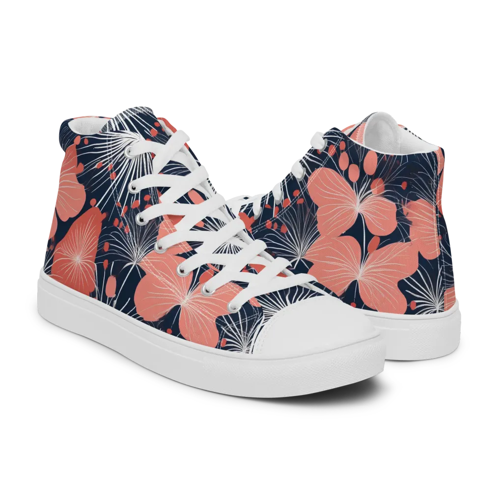 Coral Midnight Bloom on Men's High Top Canvas Shoes — Right