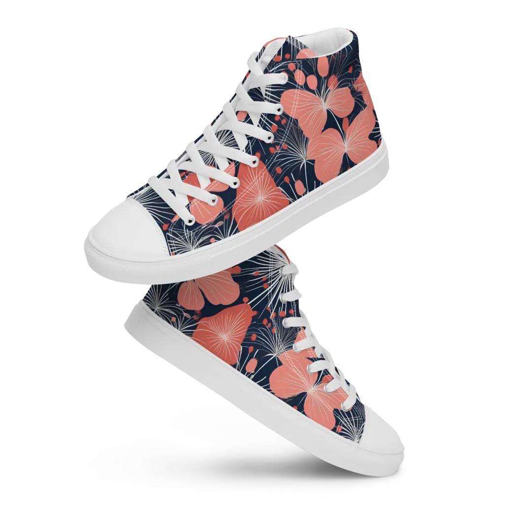Coral Midnight Bloom on Men's High Top Canvas Shoes — Front
