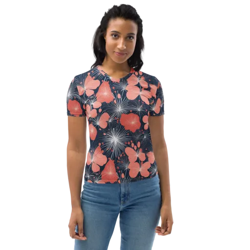 Coral Midnight Bloom on a Women's Crew Neck T-Shirt