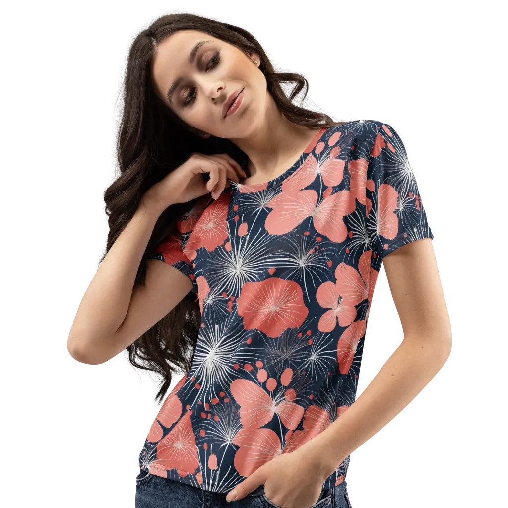 Coral Midnight Bloom on Women's Crew Neck T-Shirt — Left Front