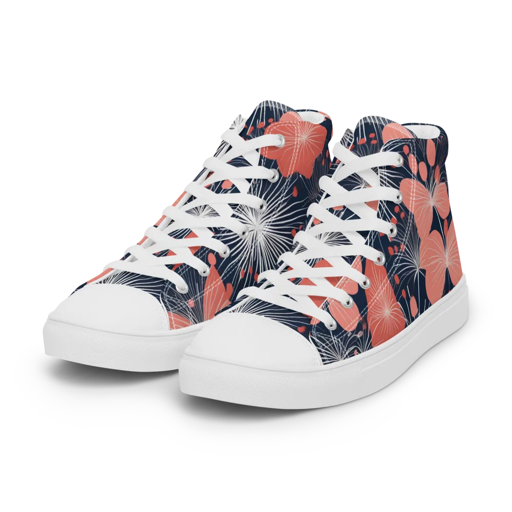 Coral Midnight Bloom on Women's High Top Canvas Shoes — Left Front