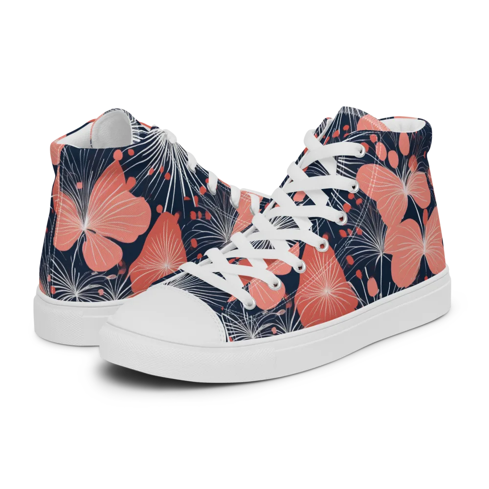 Coral Midnight Bloom on Women's High Top Canvas Shoes — Left