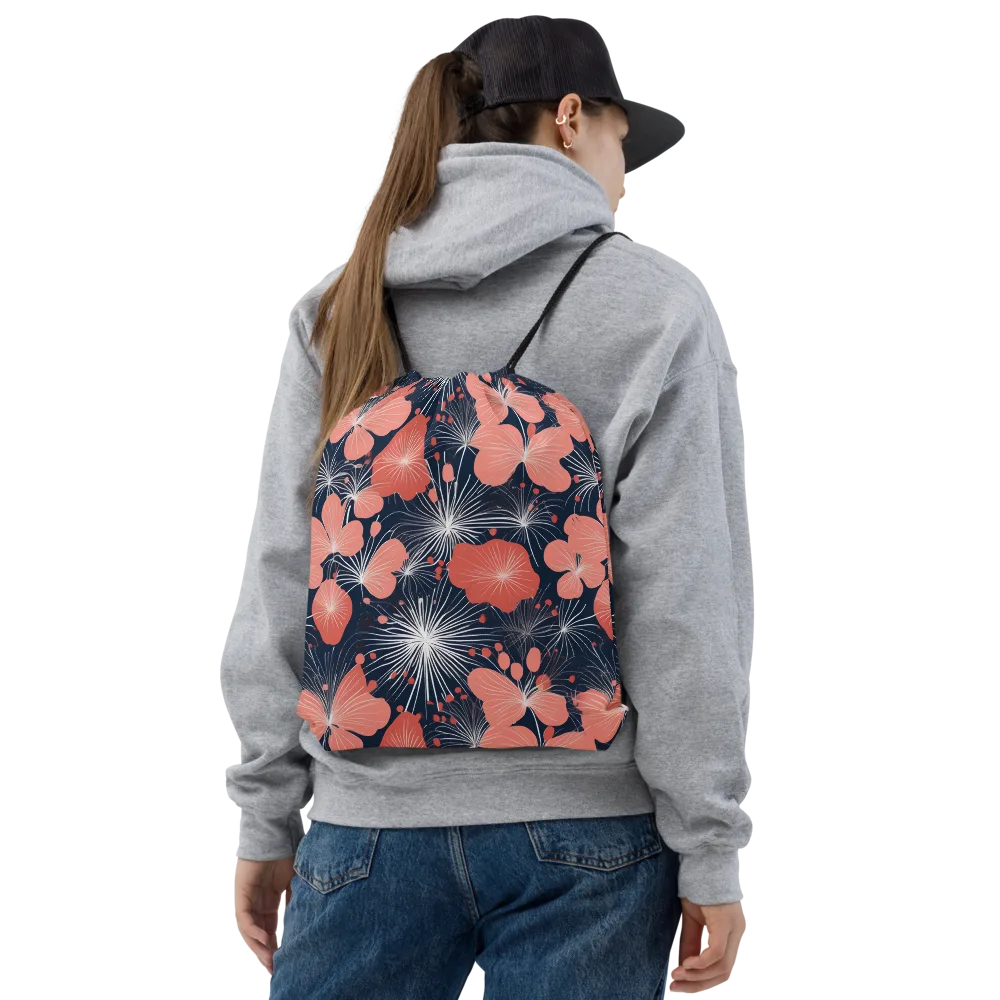 Coral Midnight Bloom on Drawstring Bag — Front