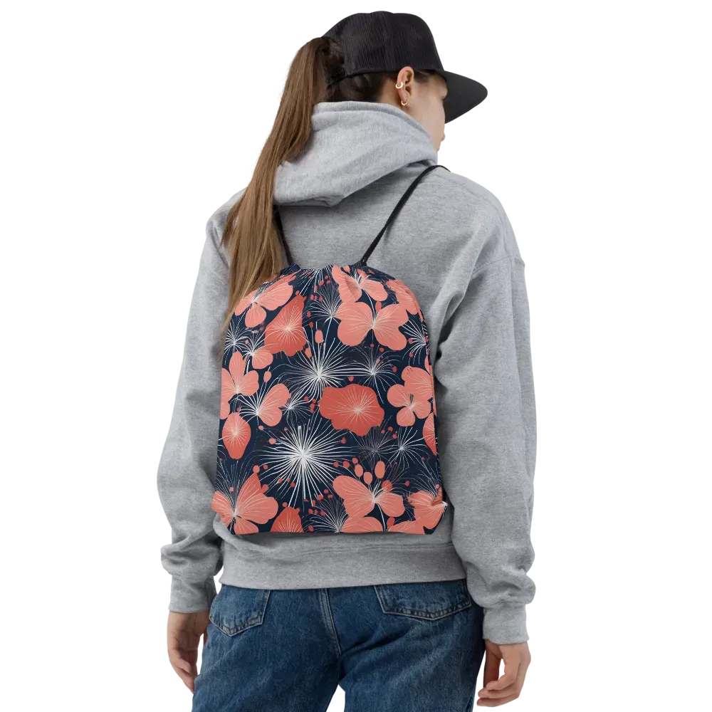 Coral Midnight Bloom on Drawstring Bag — Front