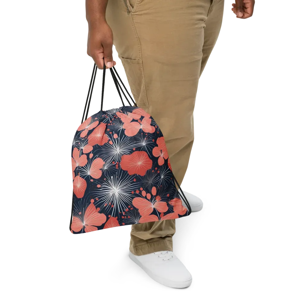 Coral Midnight Bloom on Drawstring Bag — Front